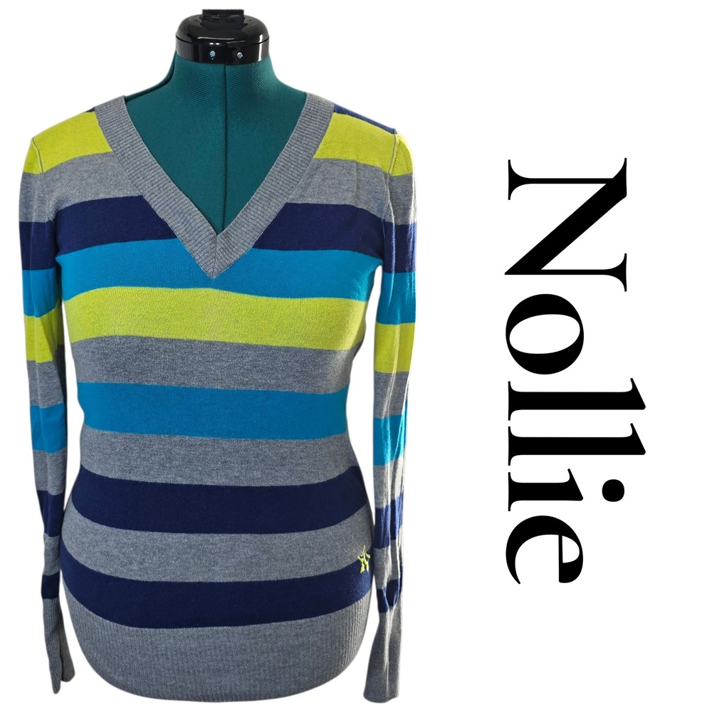 Nollie Striped V Neck Sweater Cotton Cashmere Blend Size Medium Y2K
